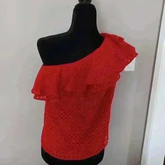 J Crew Women's Red Orange One Shoulder Ruffled Eyelit Top 2 - Picture 4 of 13